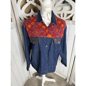 Rene Derhy Button Denim Top Red Floral Boho Western Womens Size Small